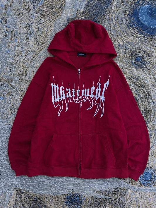 Kırmızı Gotik Baskılı Fermuarlı Oversize Sweatshirt