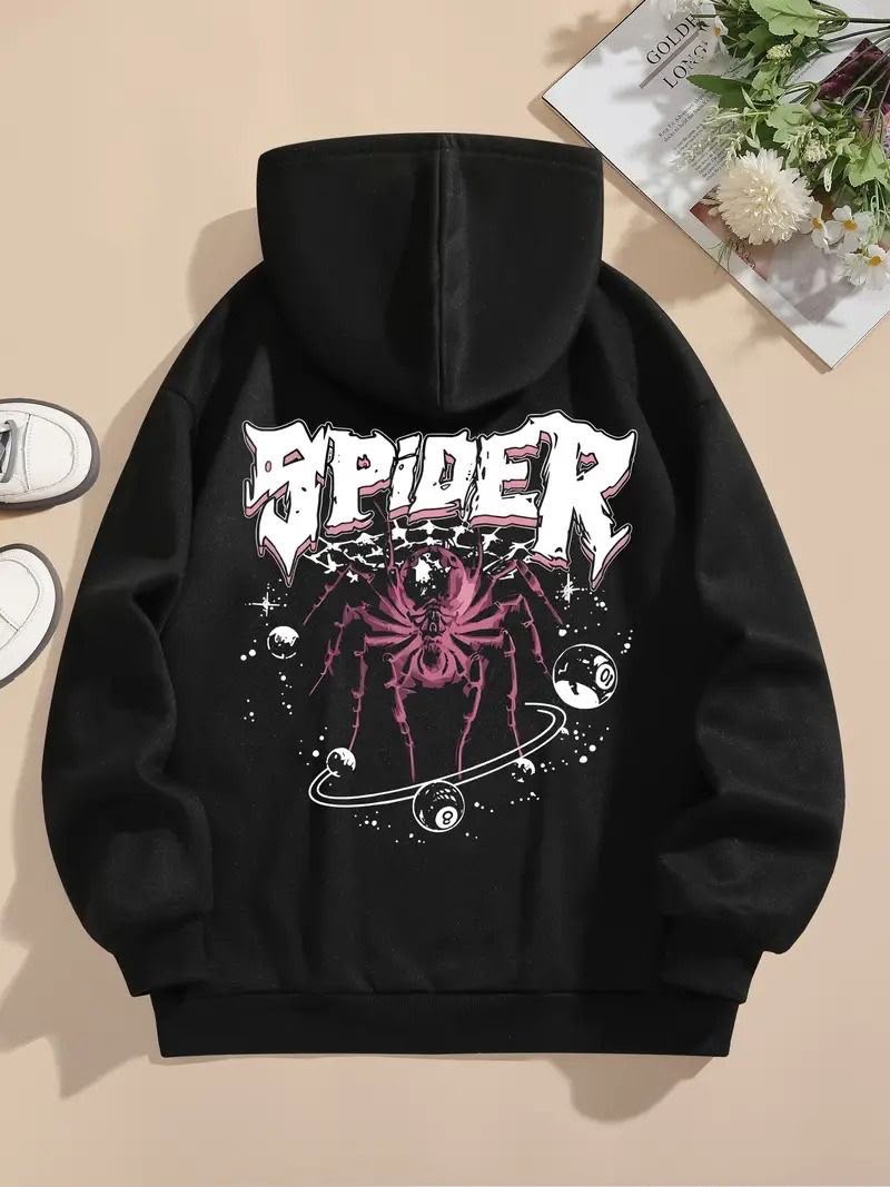 Siyah Spider Baskılı Oversize Kapüşonlu Sweatshirt