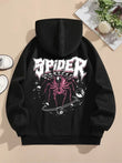 Siyah Spider Baskılı Oversize Kapüşonlu Sweatshirt