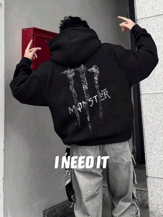 Siyah Monster Sırt Baskılı Oversize Kapüşonlu Sweatshirt
