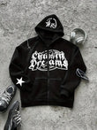 Siyah Yıldız Detaylı Gotik Baskılı Fermuarlı Oversize Sweatshirt