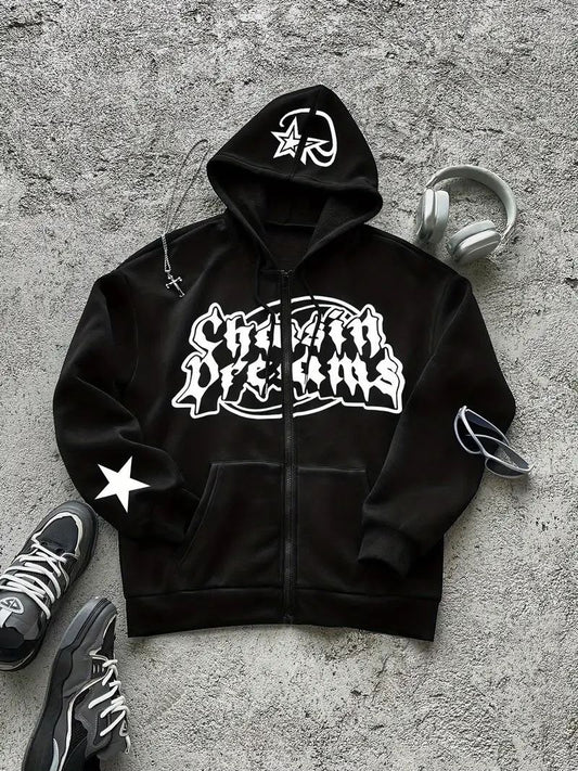 Siyah Yıldız Detaylı Gotik Baskılı Fermuarlı Oversize Sweatshirt