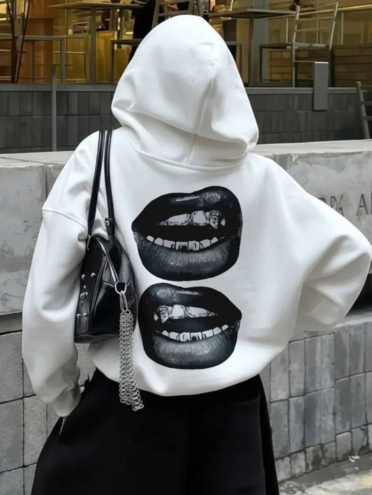 Beyaz Dudak Sırt Baskılı Oversize Kapüşonlu Sweatshirt