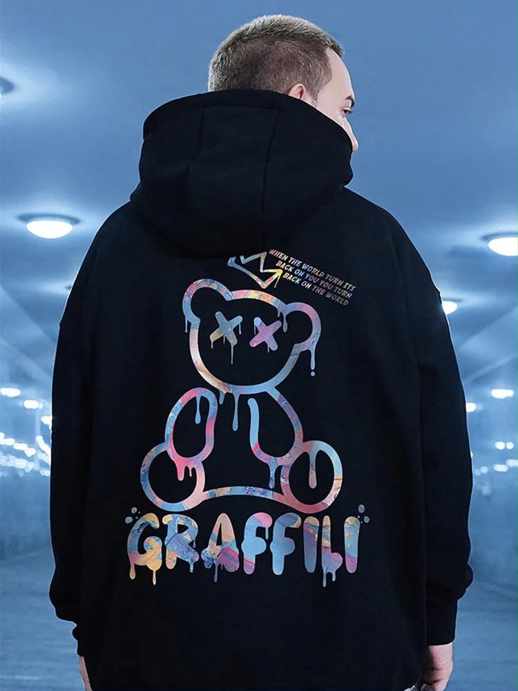 Siyah Graffılı Bear Sırt Baskılı Oversize Kapüşonlu Sweatshirt