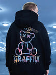 Siyah Graffılı Bear Sırt Baskılı Oversize Kapüşonlu Sweatshirt