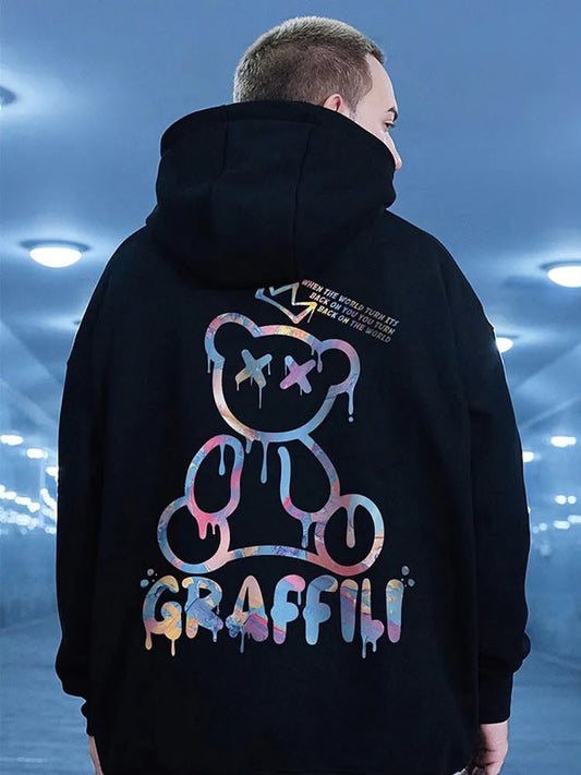 Siyah Graffılı Bear Sırt Baskılı Oversize Kapüşonlu Sweatshirt