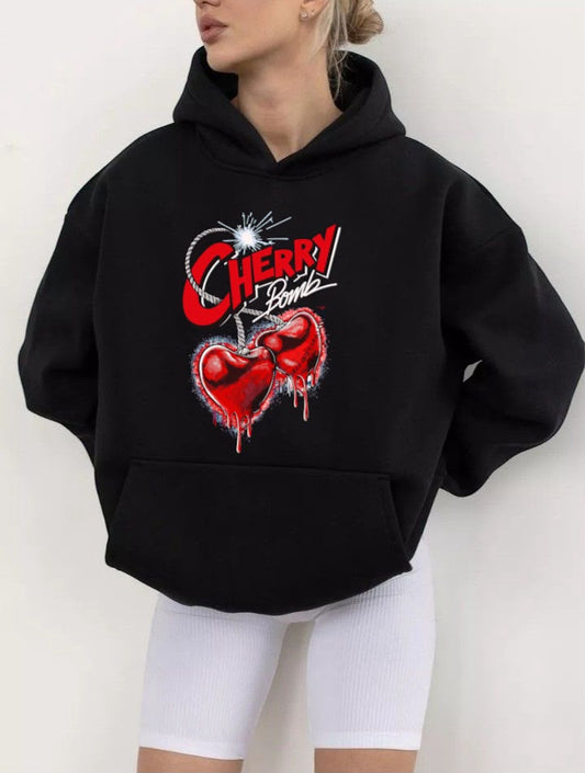 Siyah Cherry Baskılı Oversize Kapüşonlu Sweatshirt