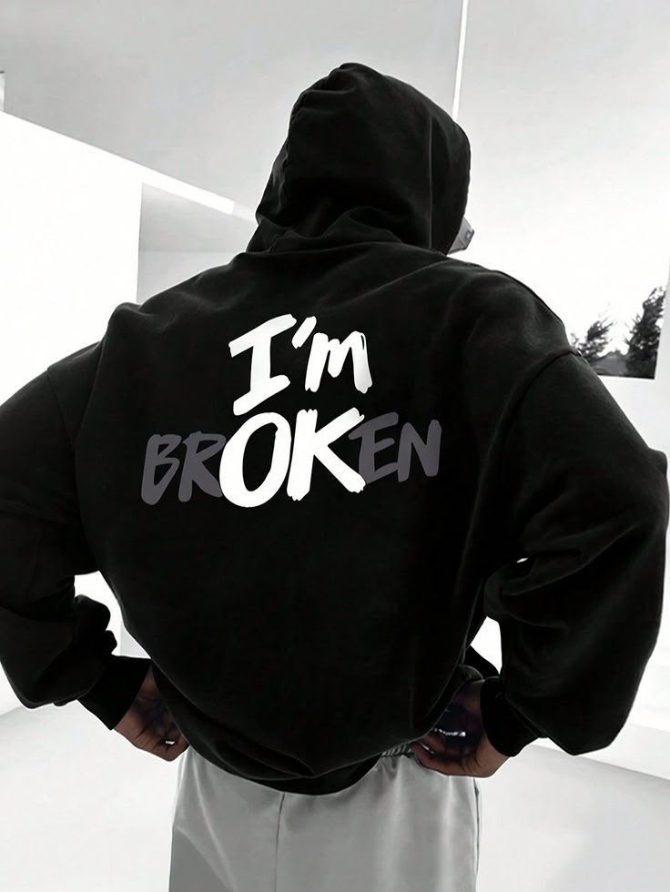Siyah I'm Broken Sırt Baskılı Oversize Kapüşonlu Sweatshirt