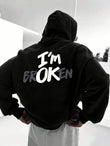 Siyah I'm Broken Sırt Baskılı Oversize Kapüşonlu Sweatshirt