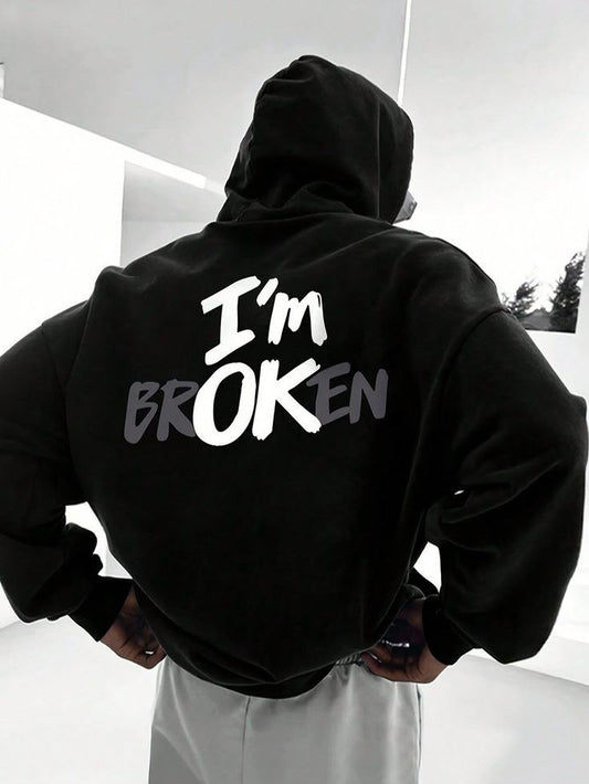 Siyah I'm Broken Sırt Baskılı Oversize Kapüşonlu Sweatshirt