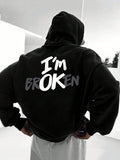 Siyah I'm Broken Sırt Baskılı Oversize Kapüşonlu Sweatshirt