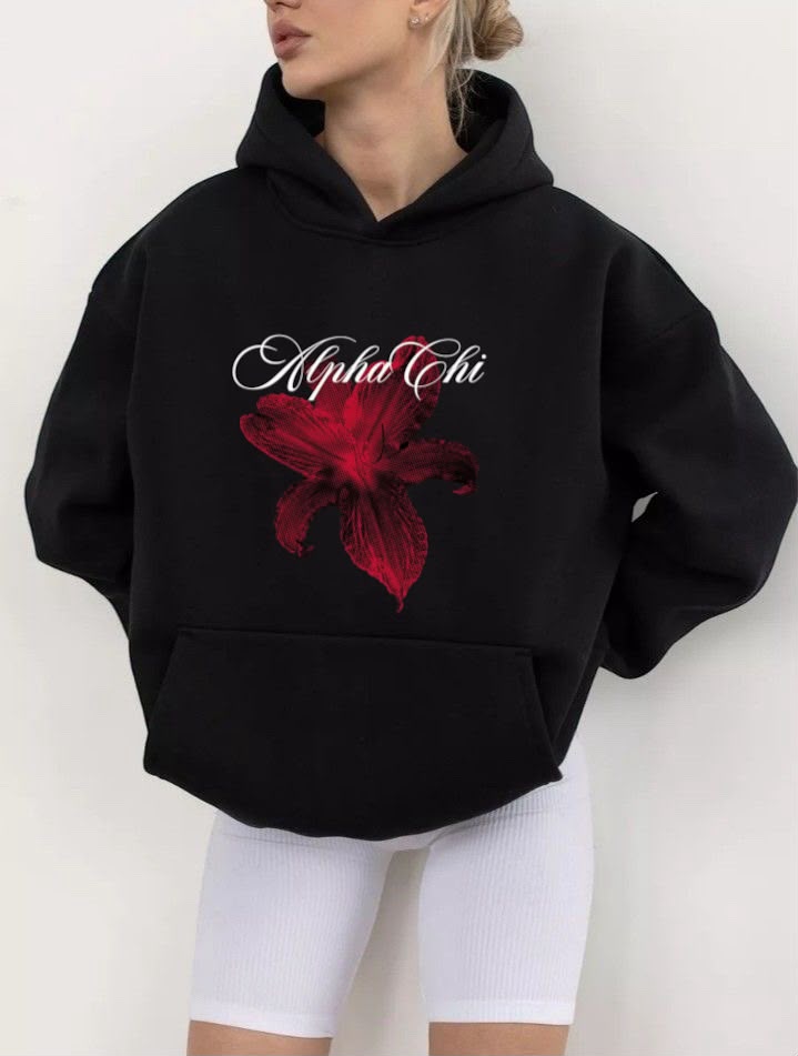 Siyah Alpha Chi Baskılı Oversize Kapüşonlu Sweatshirt