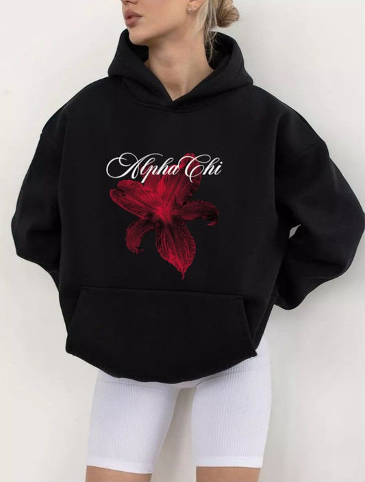Siyah Alpha Chi Baskılı Oversize Kapüşonlu Sweatshirt