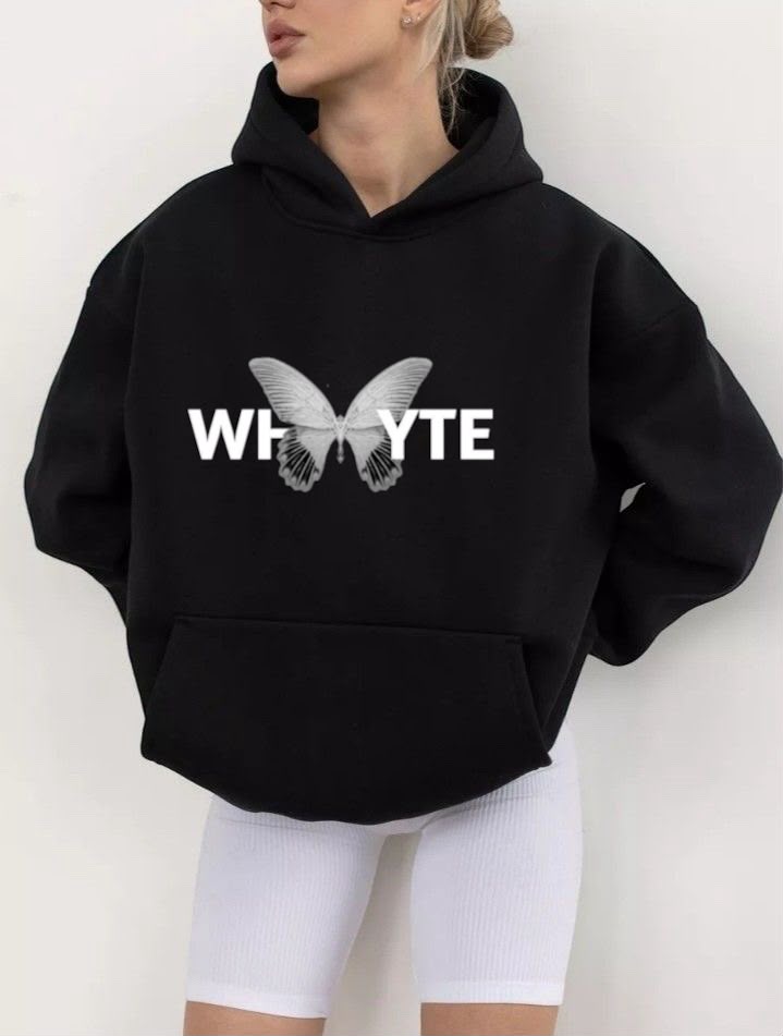 Siyah Butterfly Whyte Baskılı Oversize Kapüşonlu Sweatshirt