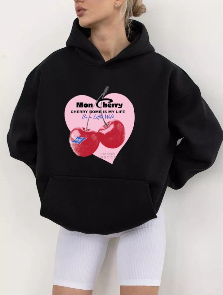 Siyah Mon Cherry Baskılı Oversize Kapüşonlu Sweatshirt