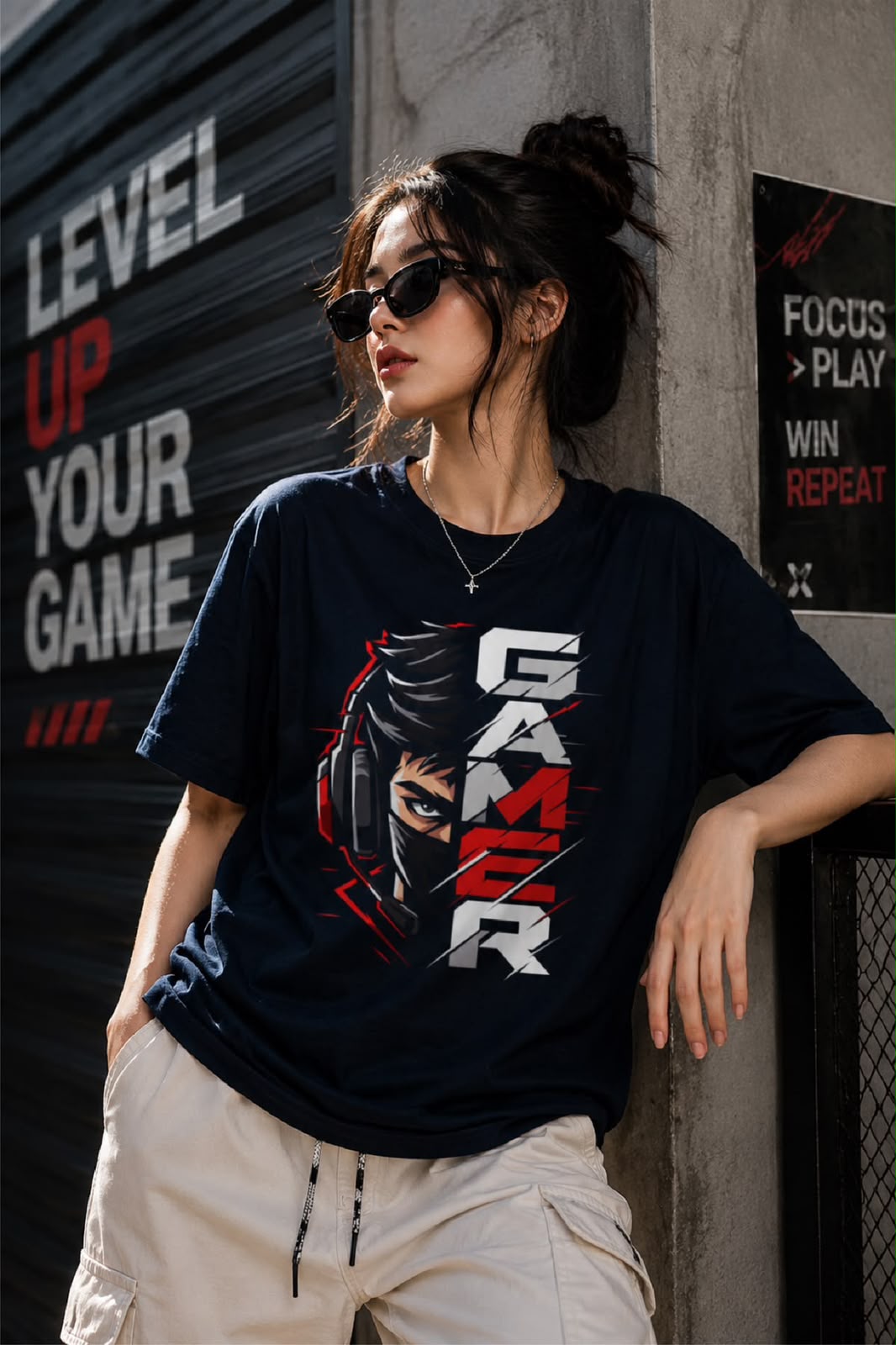 Siyah Gamer Baskılı Oversize T-Shirt