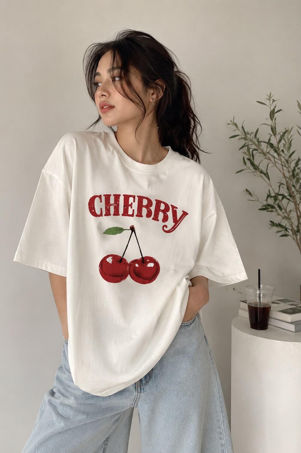 Beyaz Kiraz Baskılı Oversize T-Shirt