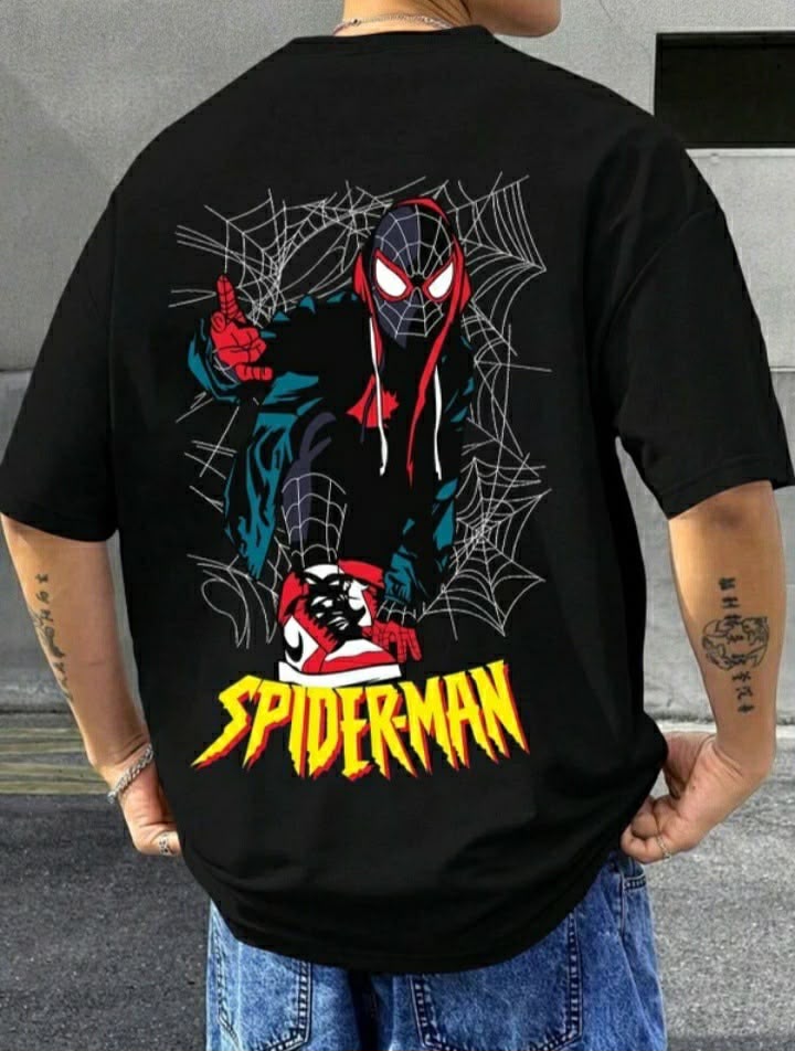 Siyah Örümcek Adam Ağ Sırt Baskılı Oversize T-Shirt