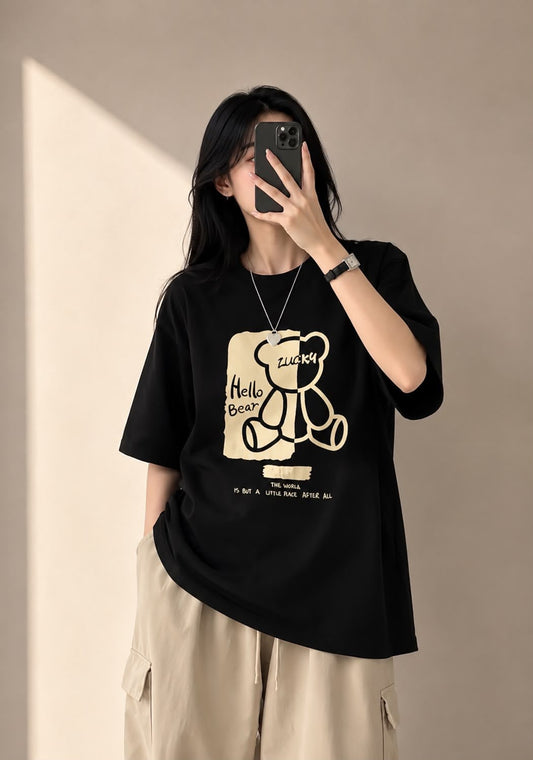Siyah Hello Bear Baskılı Oversize T-Shirt