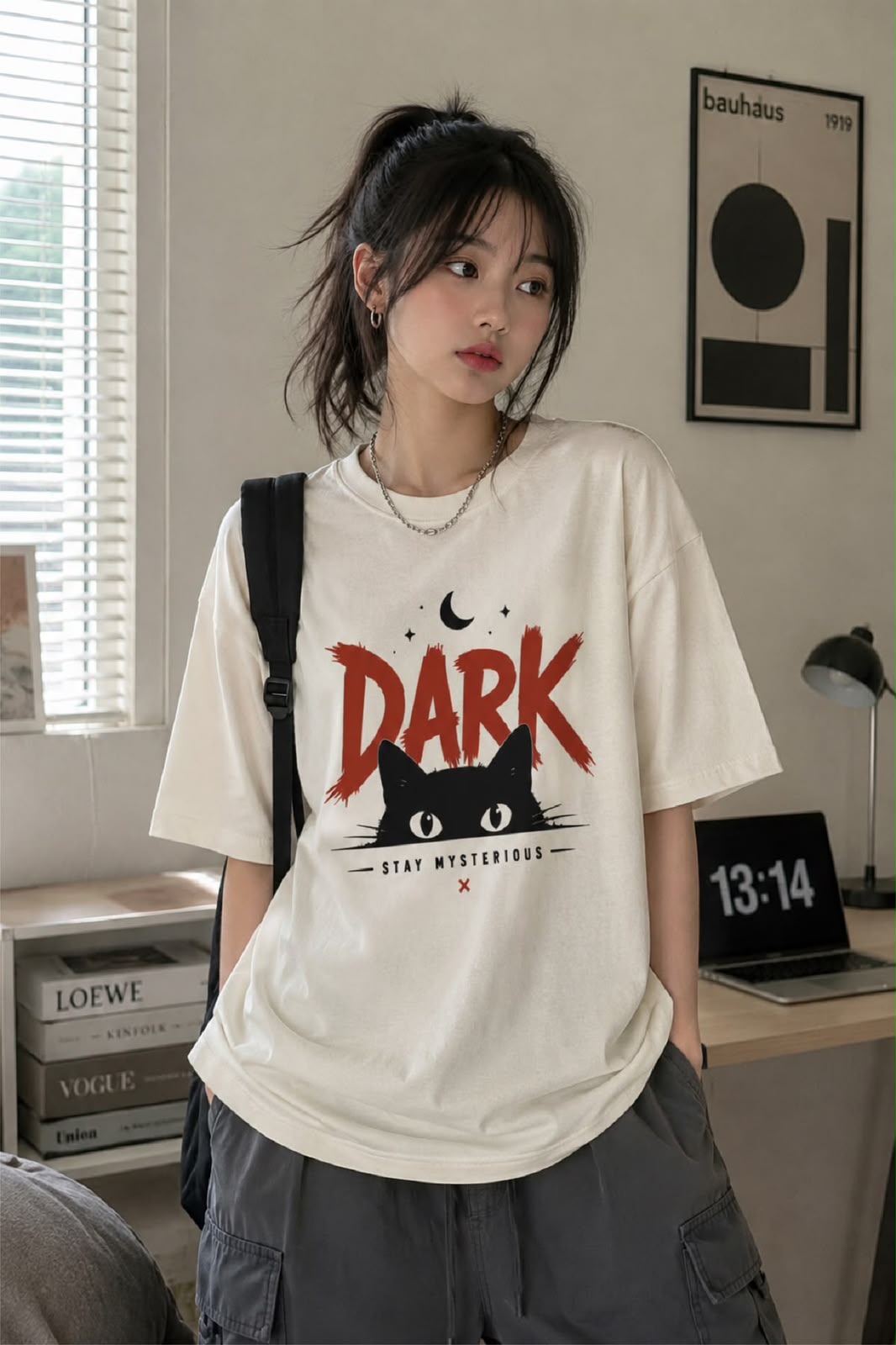 Beyaz Dark Cat Bakılı Oversize T-Shirt
