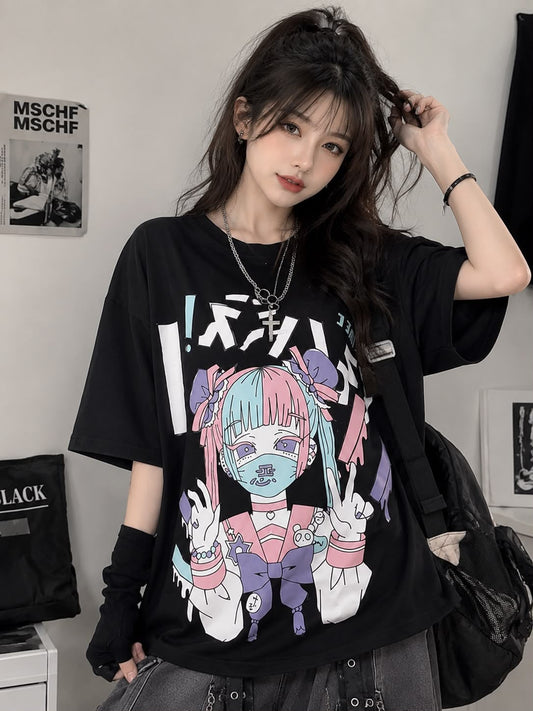 Siyah Anime Maskeli Baskılı Oversize T-Shirt
