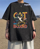 Yıkamalı Kumaş Cat Board Baskılı Oversize T-Shirt
