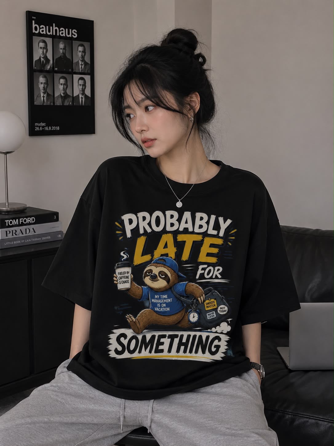 Siyah Probably Late For Somethıng Baskılı T-Shirt