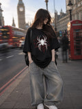 Siyah Örümcek Ağı Baskılı Oversize T-Shirt