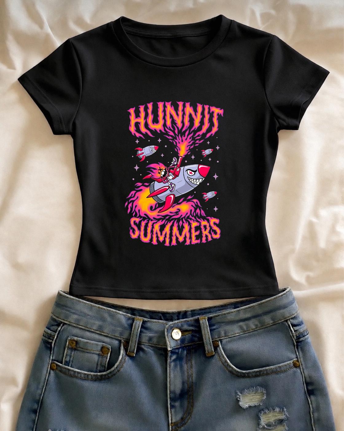 Hunnıt Summers Baskılı Siyah Kemer Boy Y2K Kısa Kollu Crop