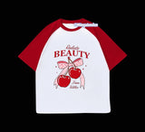 Kırmızı Reglan Kol Radiate Beauty Kiraz Baskılı T-Shirt