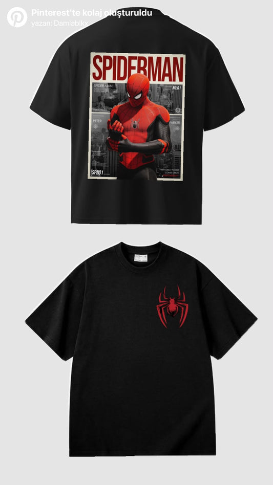 Siyah Örümcek Adam Ön Ve Sırt Baskılı Oversize T-Shirt