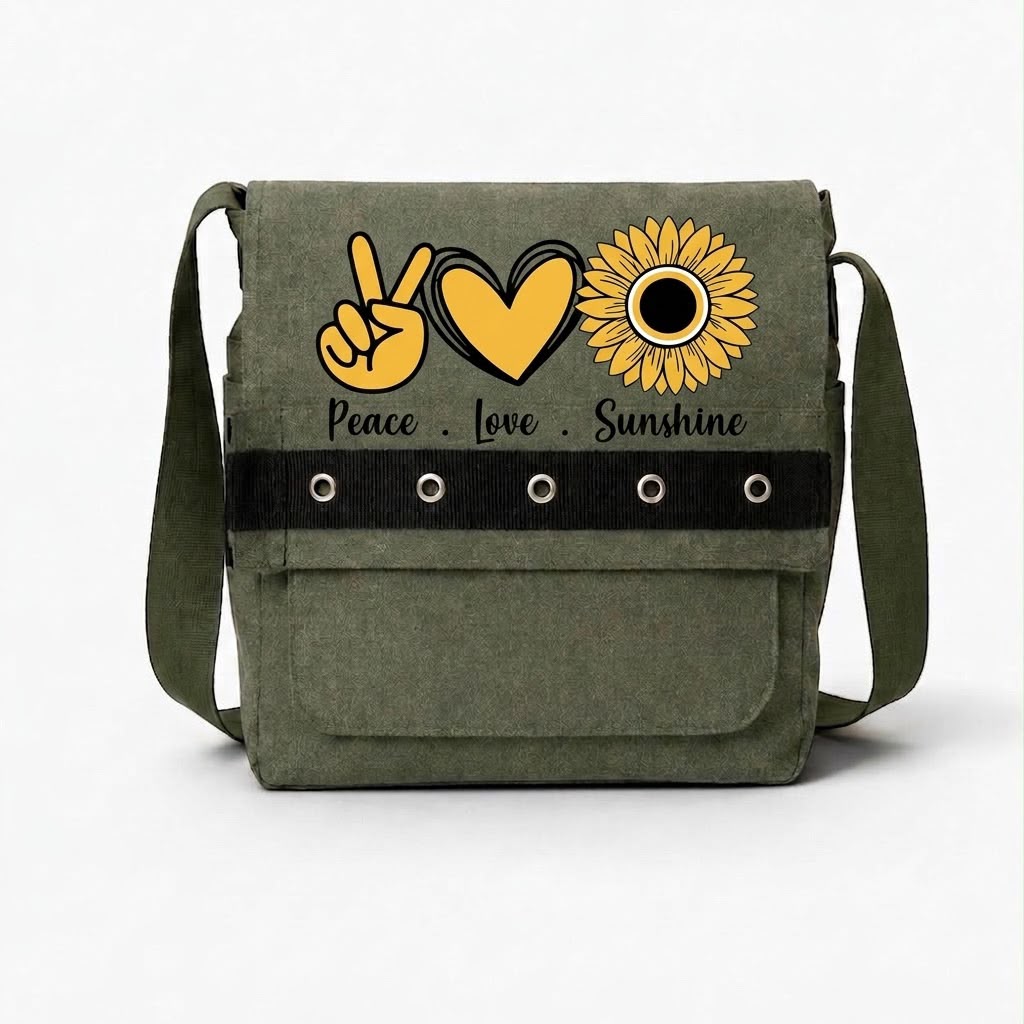 Haki Peace-Love-Sunshine Baskılı Yuvarlak Kuşgözü Postacı Çanta
