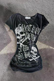 Siyah Gothic Skulls Control Geniş Yaka Y2K Kısa Kollu Crop