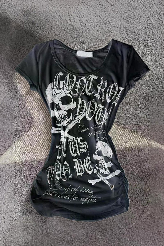 Siyah Gothic Skulls Control Geniş Yaka Y2K Kısa Kollu Crop