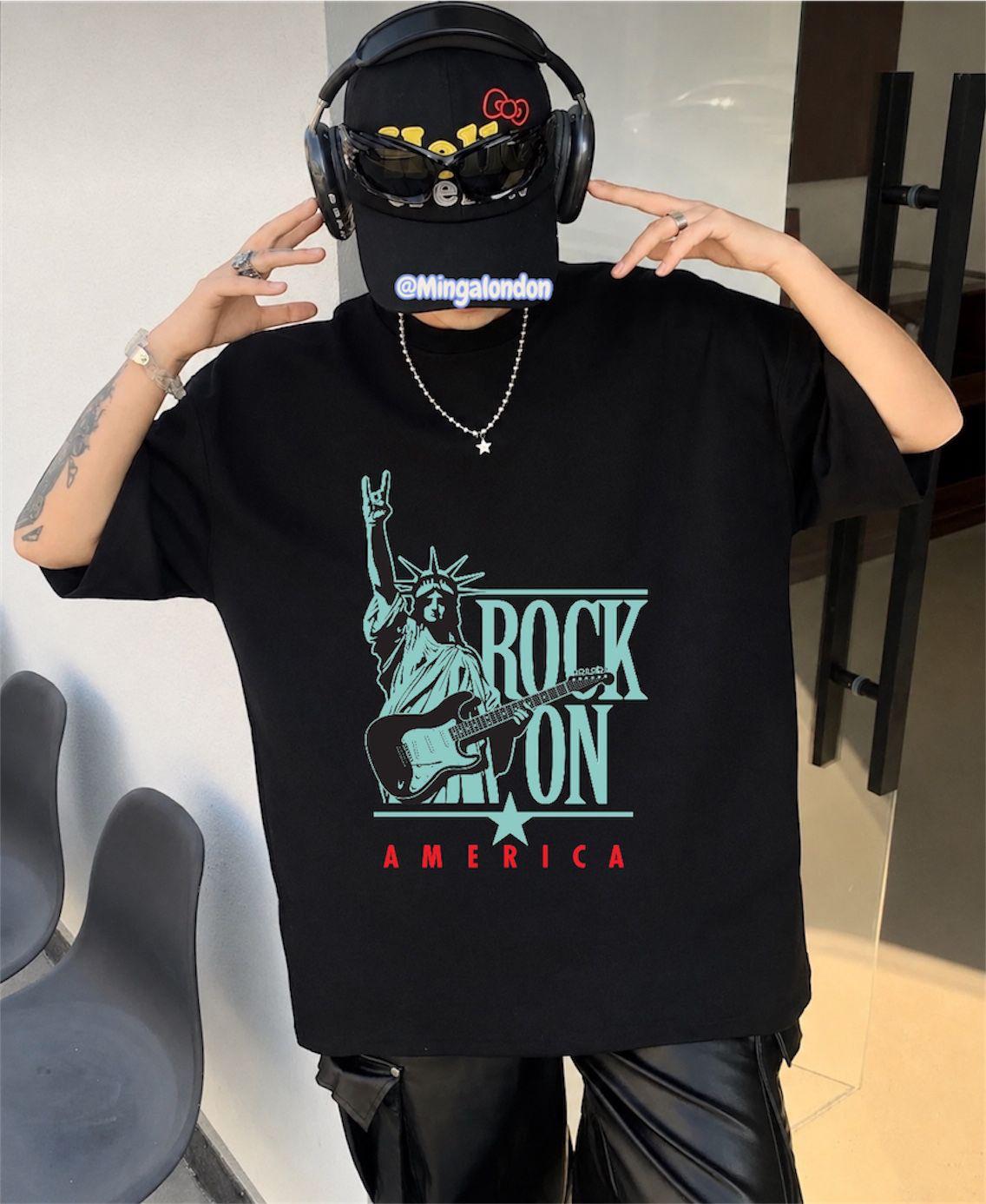 Rock On America Baskılı Siyah Oversize T-Shirt