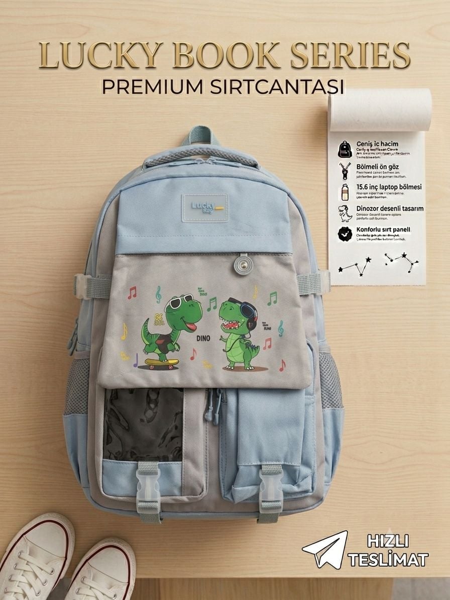 Lucky Book Serıes Premıum Dıno Sırt Çantası Mavi