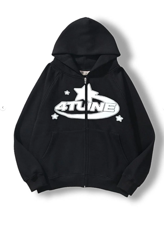4 Tune Baskılı Baskılı Oversize Fermuarlı Siyah Unisex Kapüşonlu Hırka