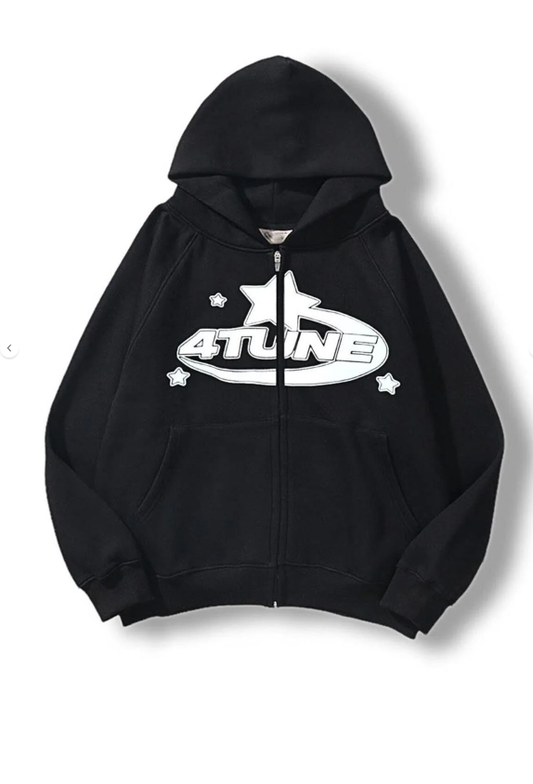 4 Tune Baskılı Baskılı Oversize Fermuarlı Siyah Unisex Kapüşonlu Hırka