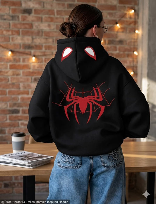 Siyah Örümcek Gözü Baskılı Kapşonlu Sweatshirt