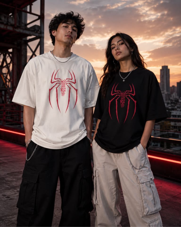 Örümcek Baskılı Oversize 2'li Sevgili Kombin T-Shirt