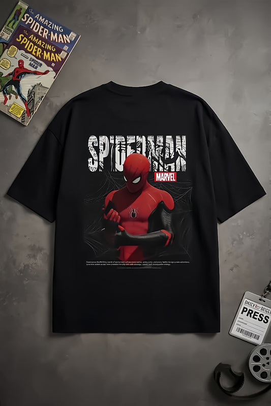 Siyah Örümcek Adam Marvel Baskılı Oversize T-Shirt