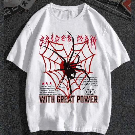 Beyaz Örümcek Ağı Whıte Great Power Baskılı T-Shirt