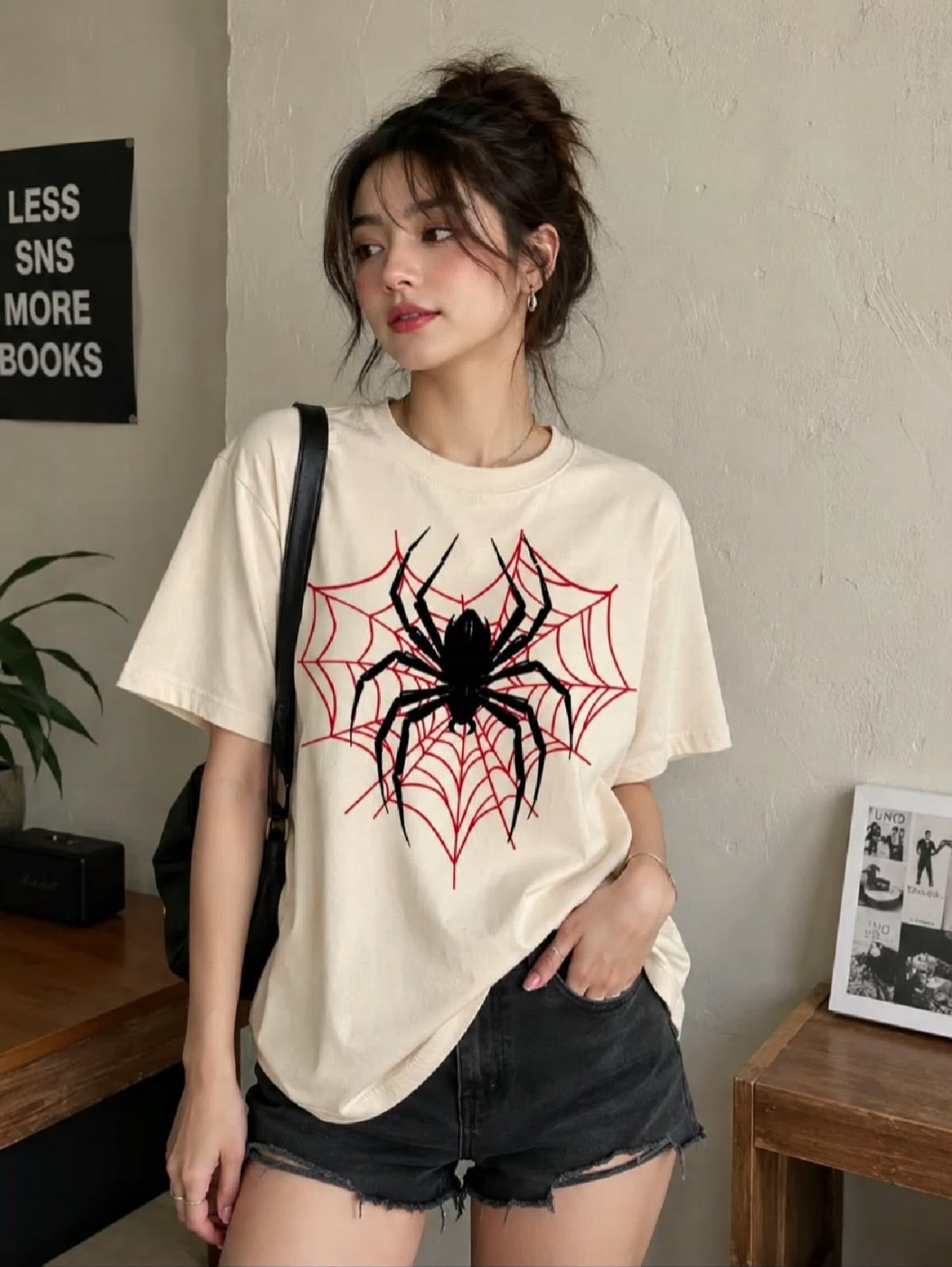 Beyaz Örümcek Ağı Baskılı Oversize T-Shirt