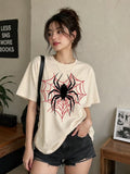 Beyaz Örümcek Ağı Baskılı Oversize T-Shirt