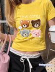 Love Comes In My Colors Bear Baskılı Sarı Kemer Boy Y2K Kısa Kollu Crop