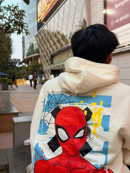 Bej Spiderman Baskılı Oversize Kapüşonlu Sweatshirt
