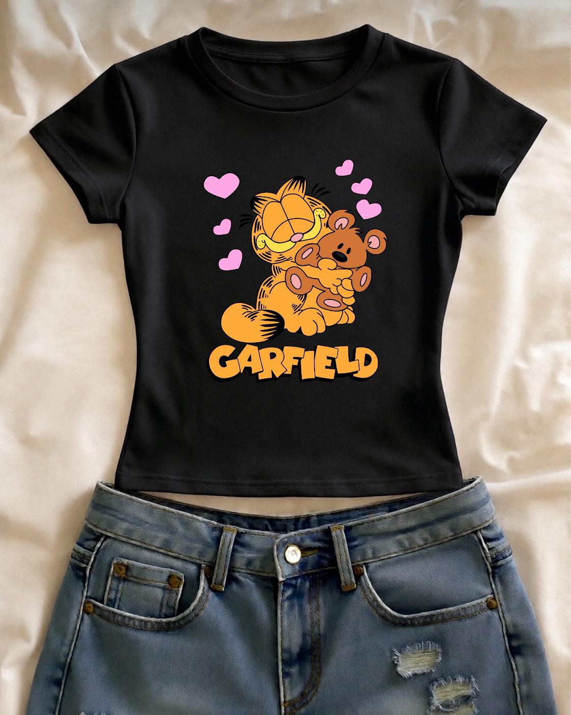 Garfield Baskılı Siyah Kemer Boy Y2K Kısa Kollu Crop