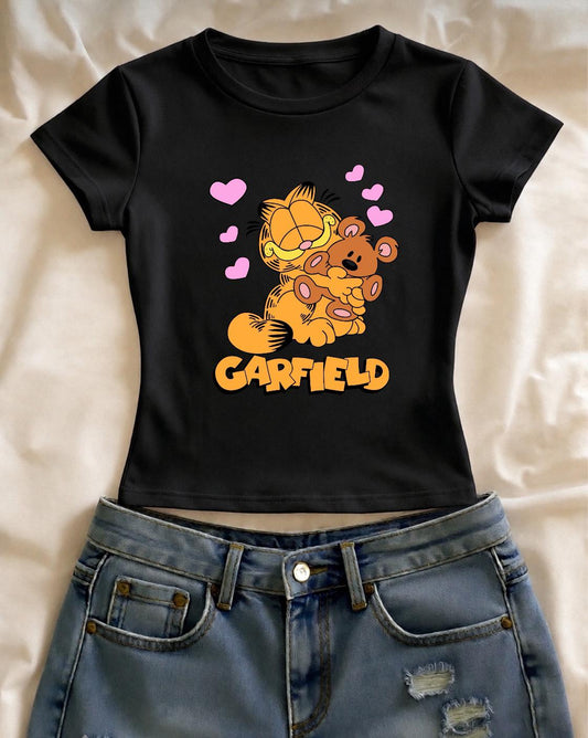 Garfield Baskılı Siyah Kemer Boy Y2K Kısa Kollu Crop