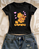 Garfield Baskılı Siyah Kemer Boy Y2K Kısa Kollu Crop