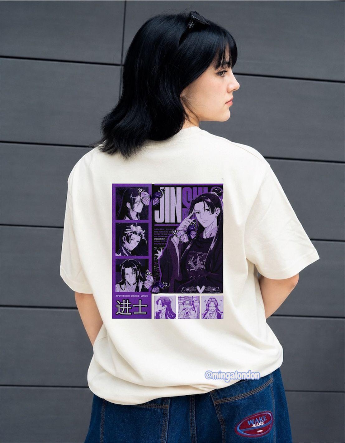 Anime Karakterli Jinshi Sırt Baskılı Beyaz T-Shirt